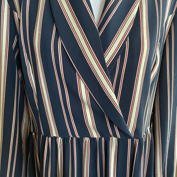Navy Stripe Surplice Collar Long Sleeve Dress Overlay - Picture 4 of 11